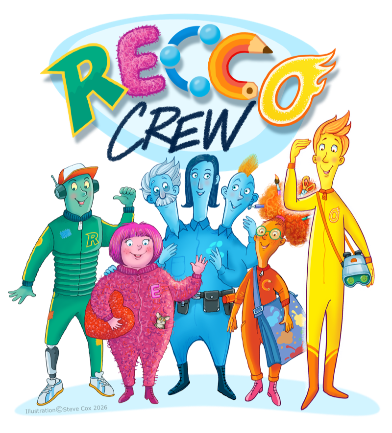 The RECCO Crew characters representing Resilience, Empathy, Creativity, Collaboration and Optimism